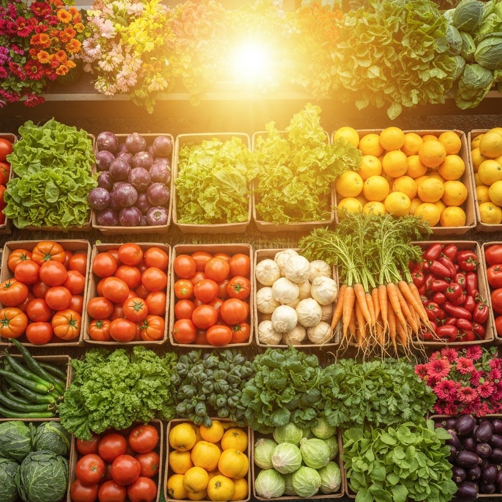 Kinematografický záber čerstvej organickej produkcie na farmárskom trhu so zlatým slnečným svetlom