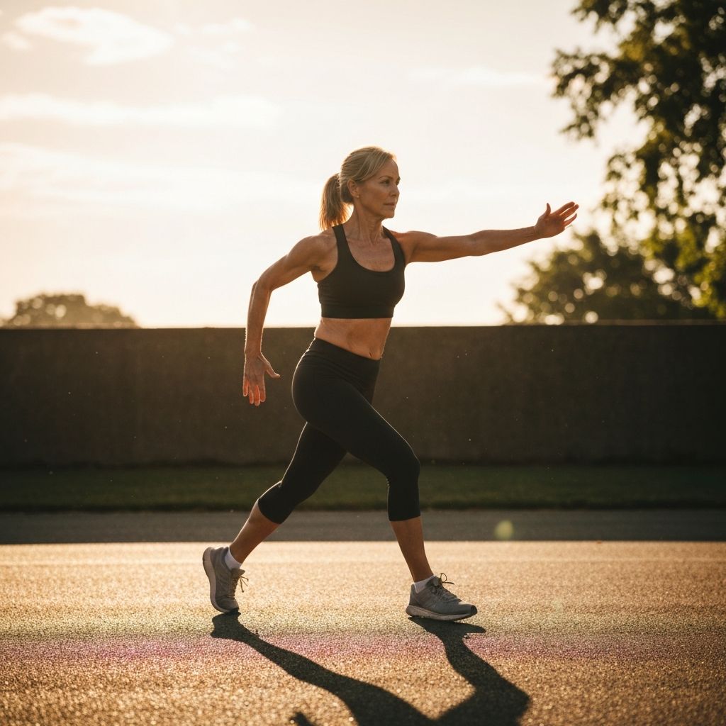 Kinematografický záber osoby cvičiacej v prírode ráno s dynamickým slnečným svetlom