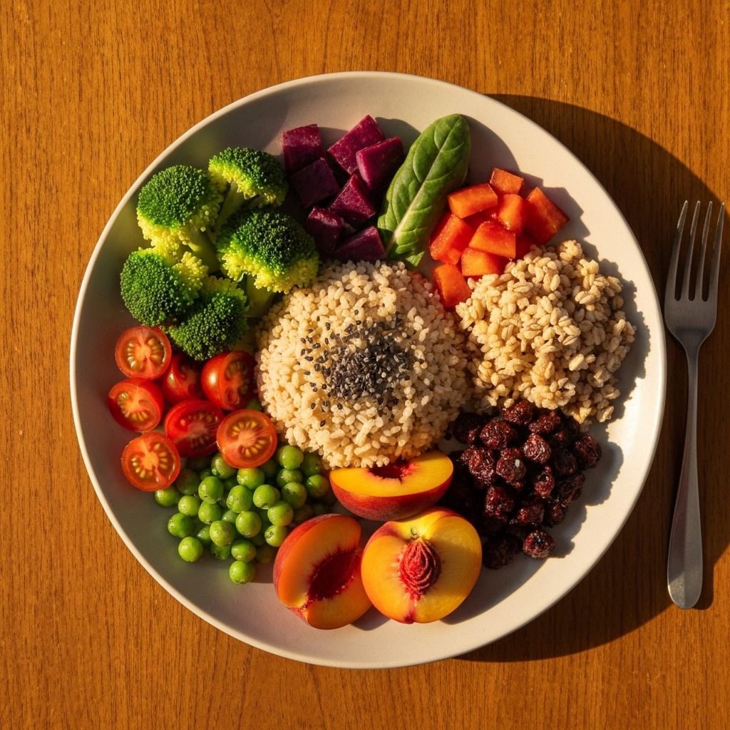 Kinematografické zábery vyváženého jedla s čerstvou zeleninou a ovocím v teplom svetle