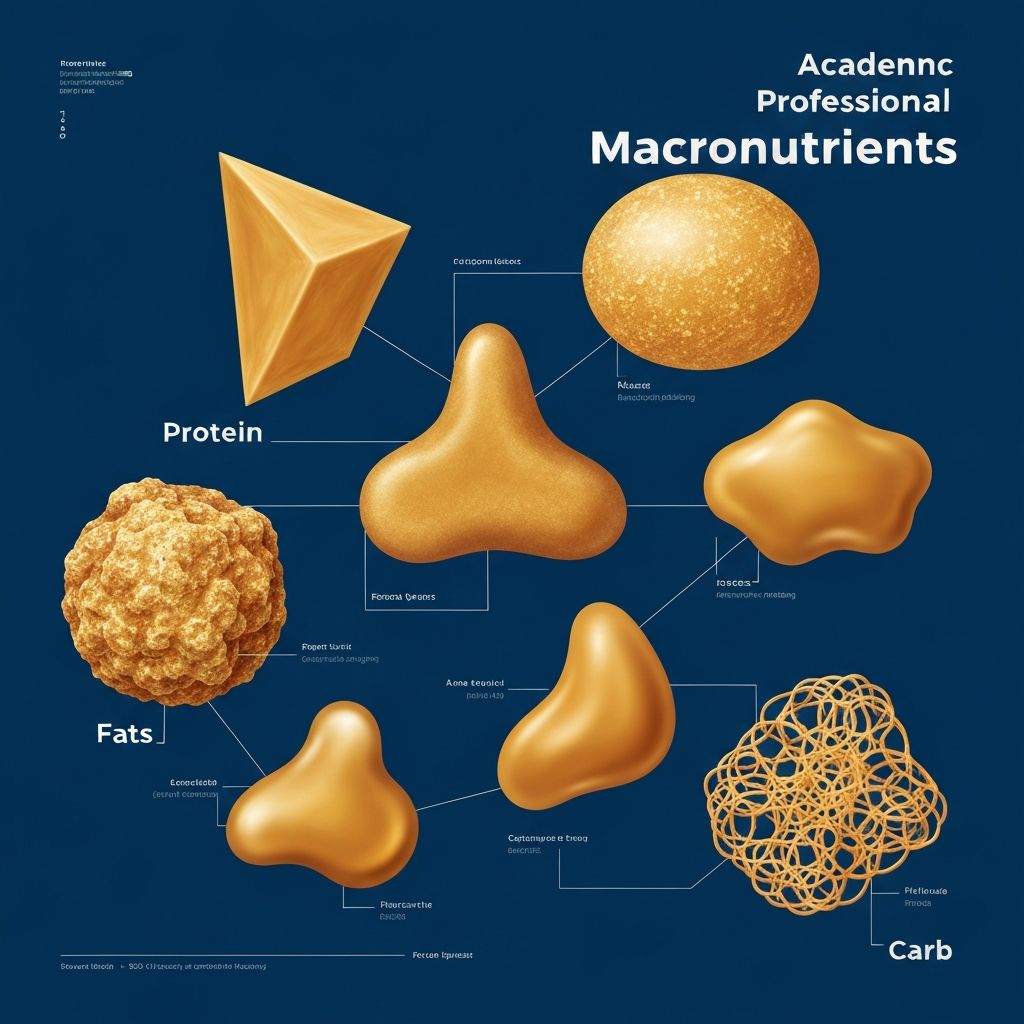 Vedecké infografiky makronútientov (proteíny, tuky, uhľohydráty) ako abstraktné tvary v teplých zlatých tónoch