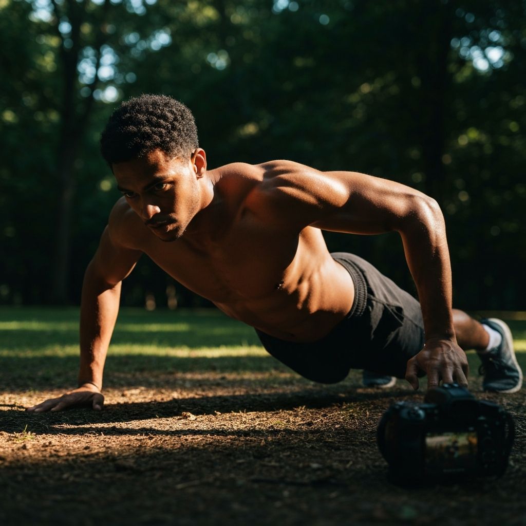 Kinematografický záber osoby cvičiacej v prírode so teplým smerným svetlom a hlbokými tieňami